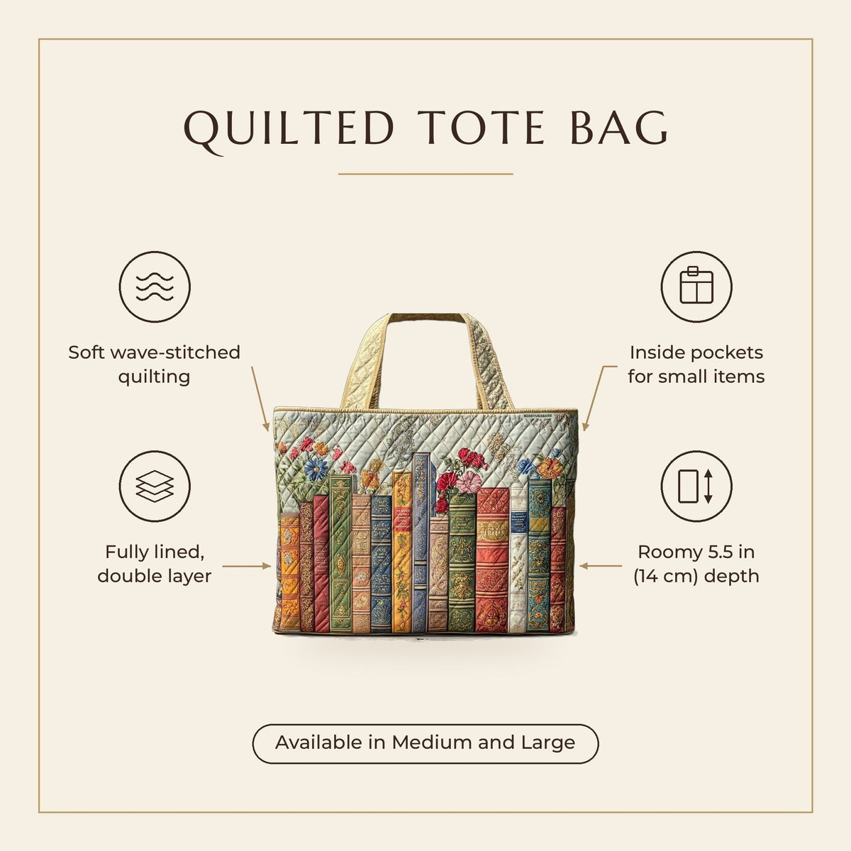 Quilted Tote Bag - Enchanted Library features infographic