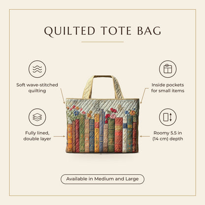 Quilted Tote Bag - Enchanted Library features infographic