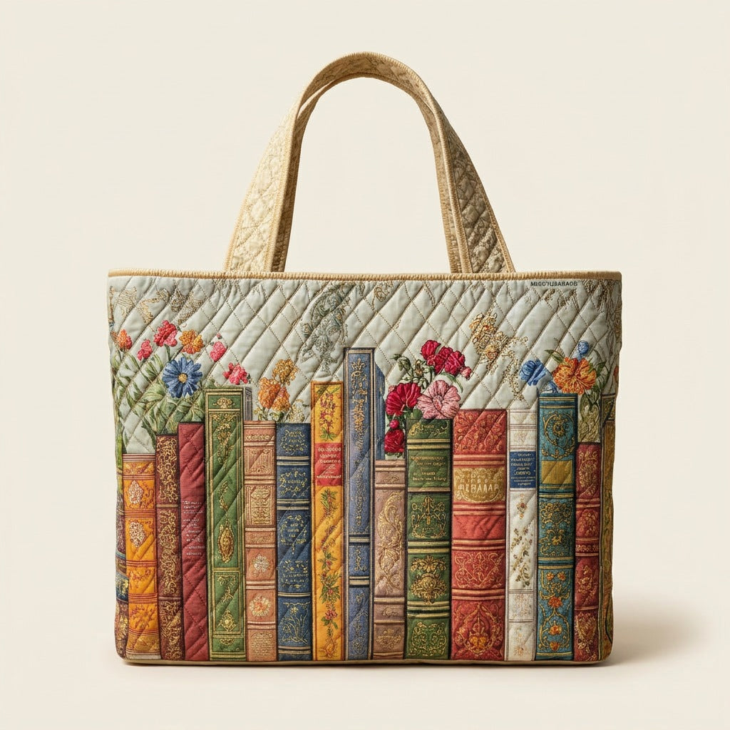 Quilted Tote Bag - Enchanted Library, studio photo