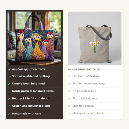 Quilted Tote Bag - Five Bright Hens compared with a plain printed tote