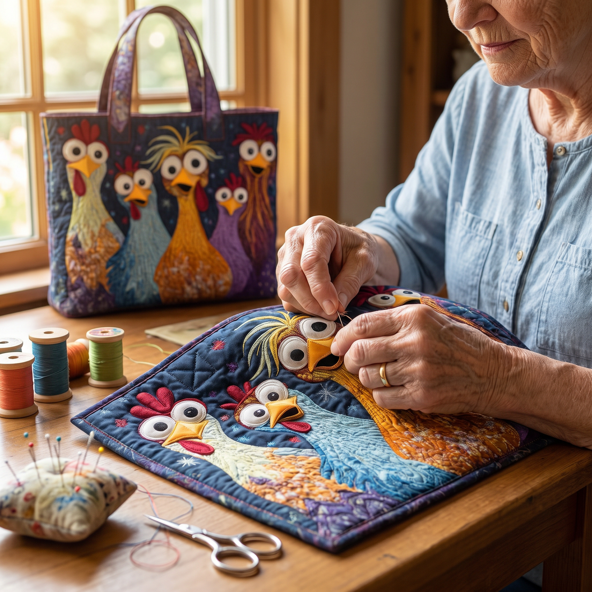 Quilted Tote Bag - Five Bright Hens