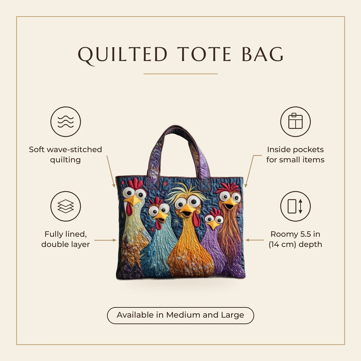 Quilted Tote Bag - Five Bright Hens features infographic