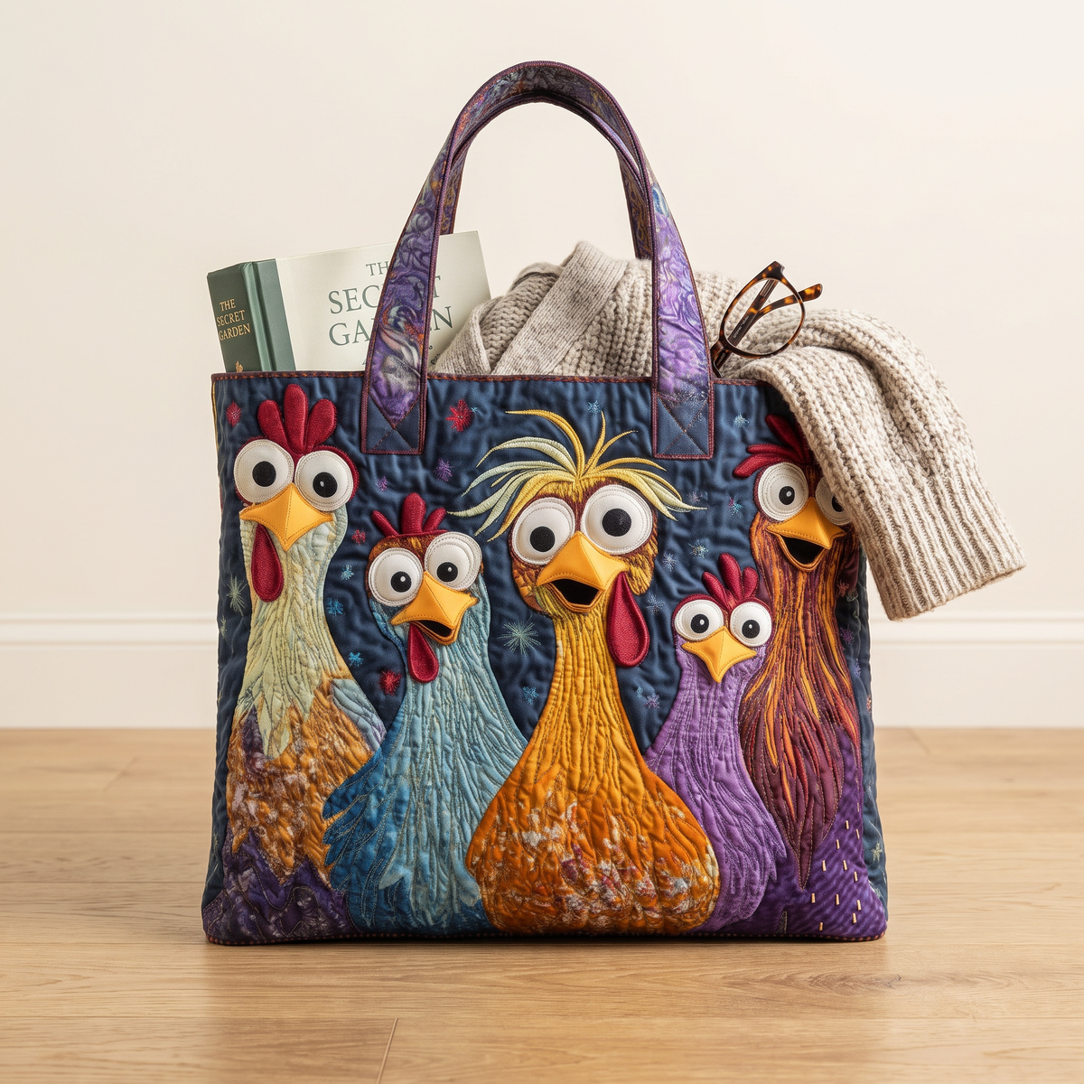 Quilted Tote Bag - Five Bright Hens