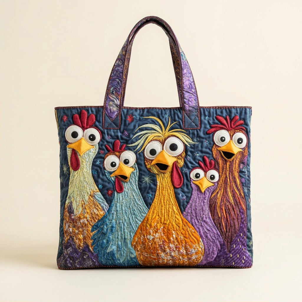 Quilted Tote Bag - Five Bright Hens, studio photo