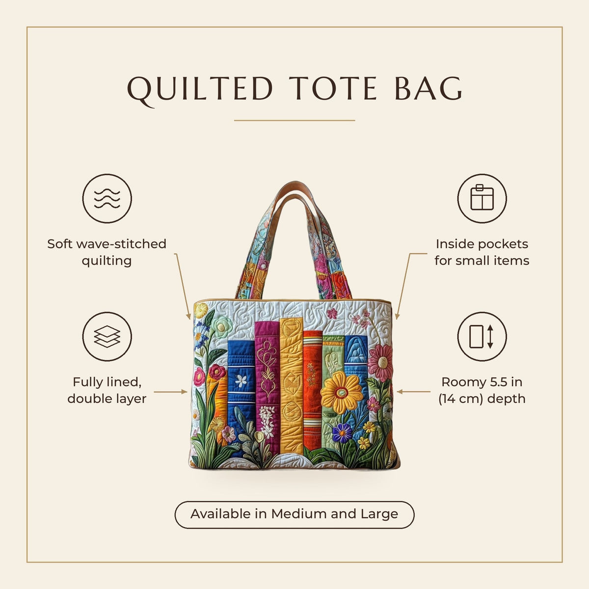 Quilted Tote Bag - Floral Library features infographic