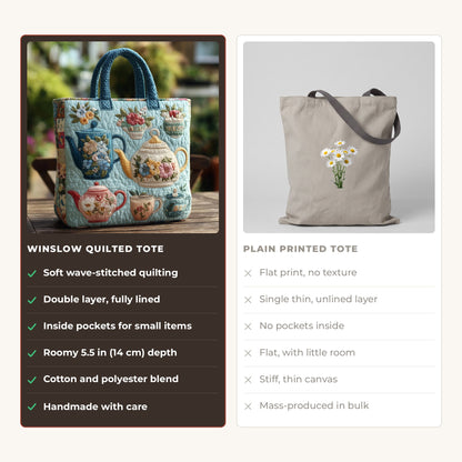 Quilted Tote Bag - Floral Tea Set compared with a plain printed tote