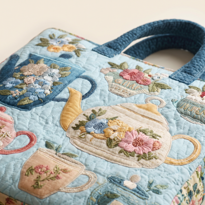 Quilted Tote Bag - Floral Tea Set