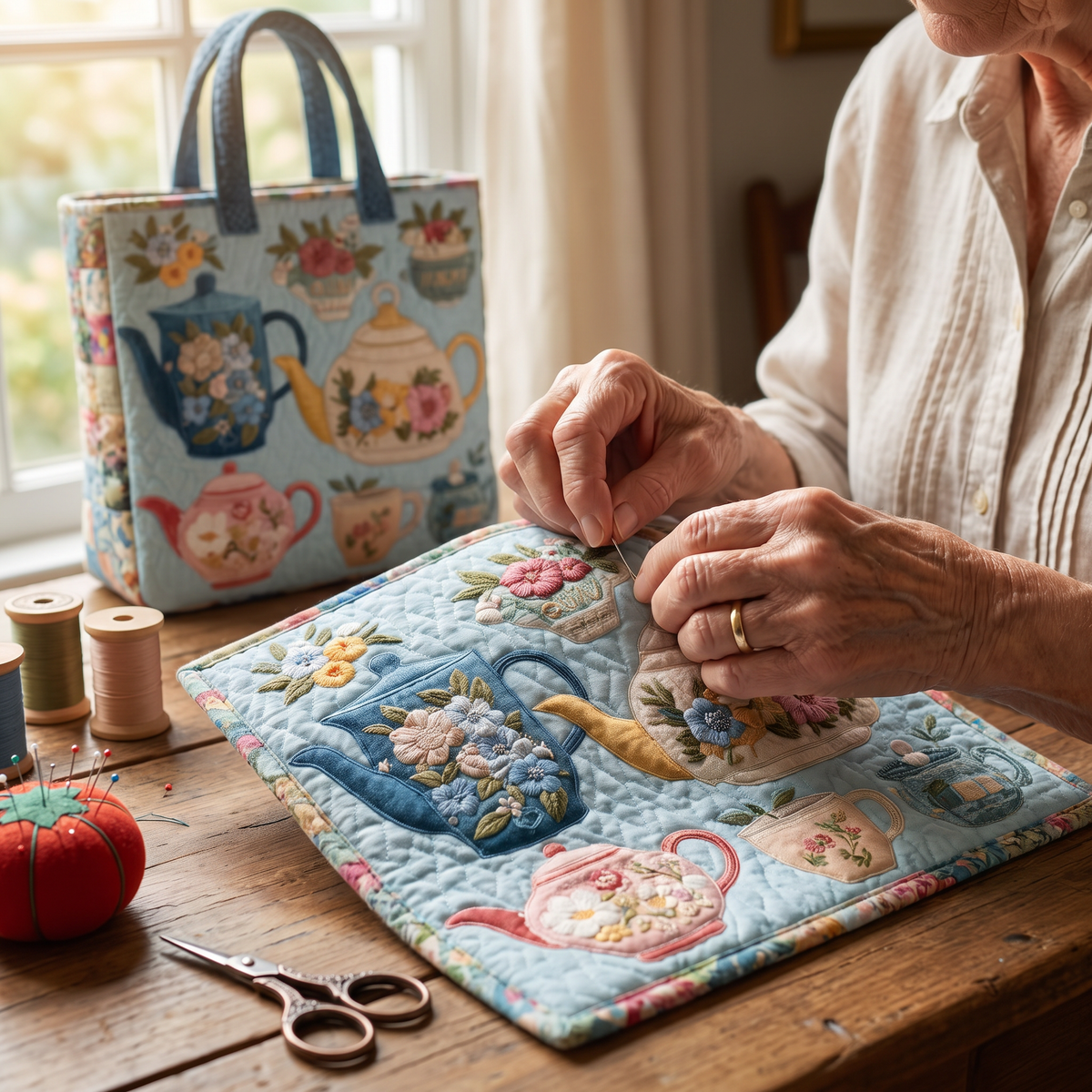 Quilted Tote Bag - Floral Tea Set