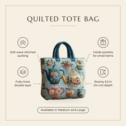 Quilted Tote Bag - Floral Tea Set features infographic