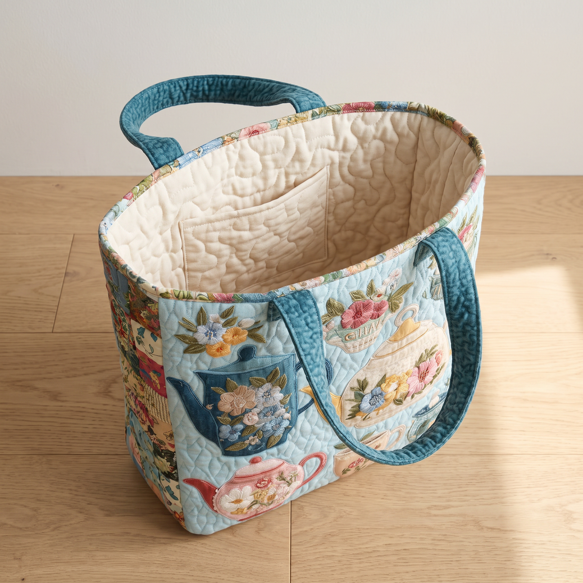Quilted Tote Bag - Floral Tea Set