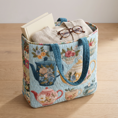 Quilted Tote Bag - Floral Tea Set