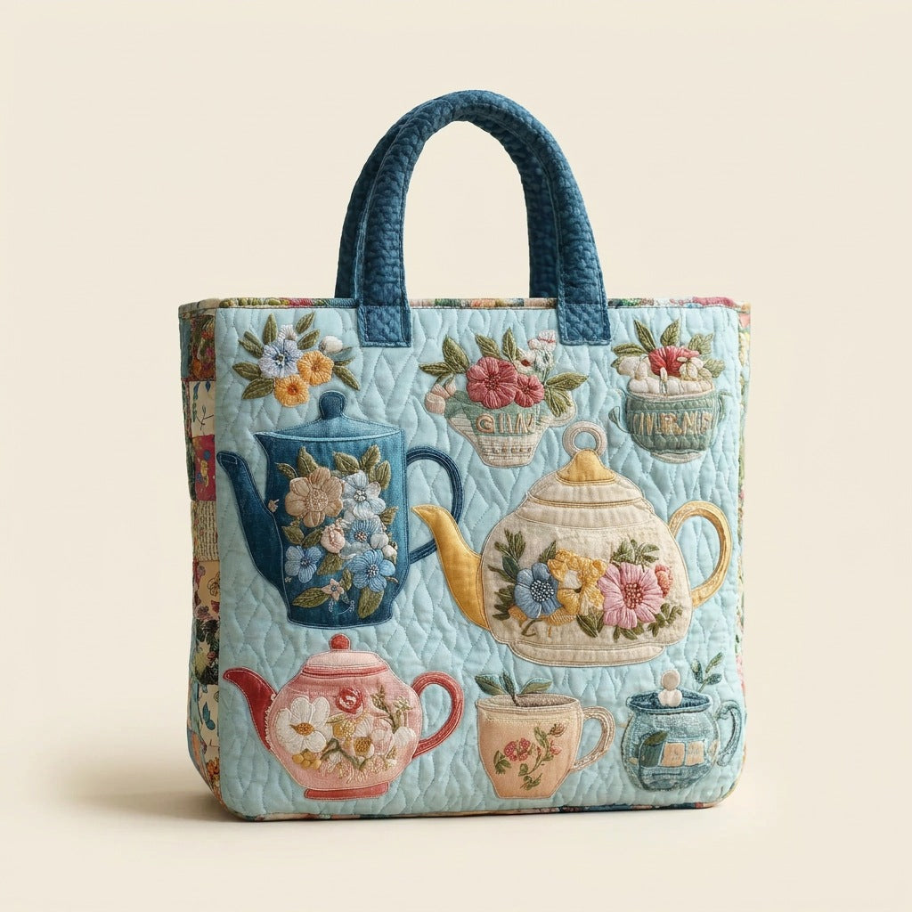 Quilted Tote Bag - Floral Tea Set, studio photo