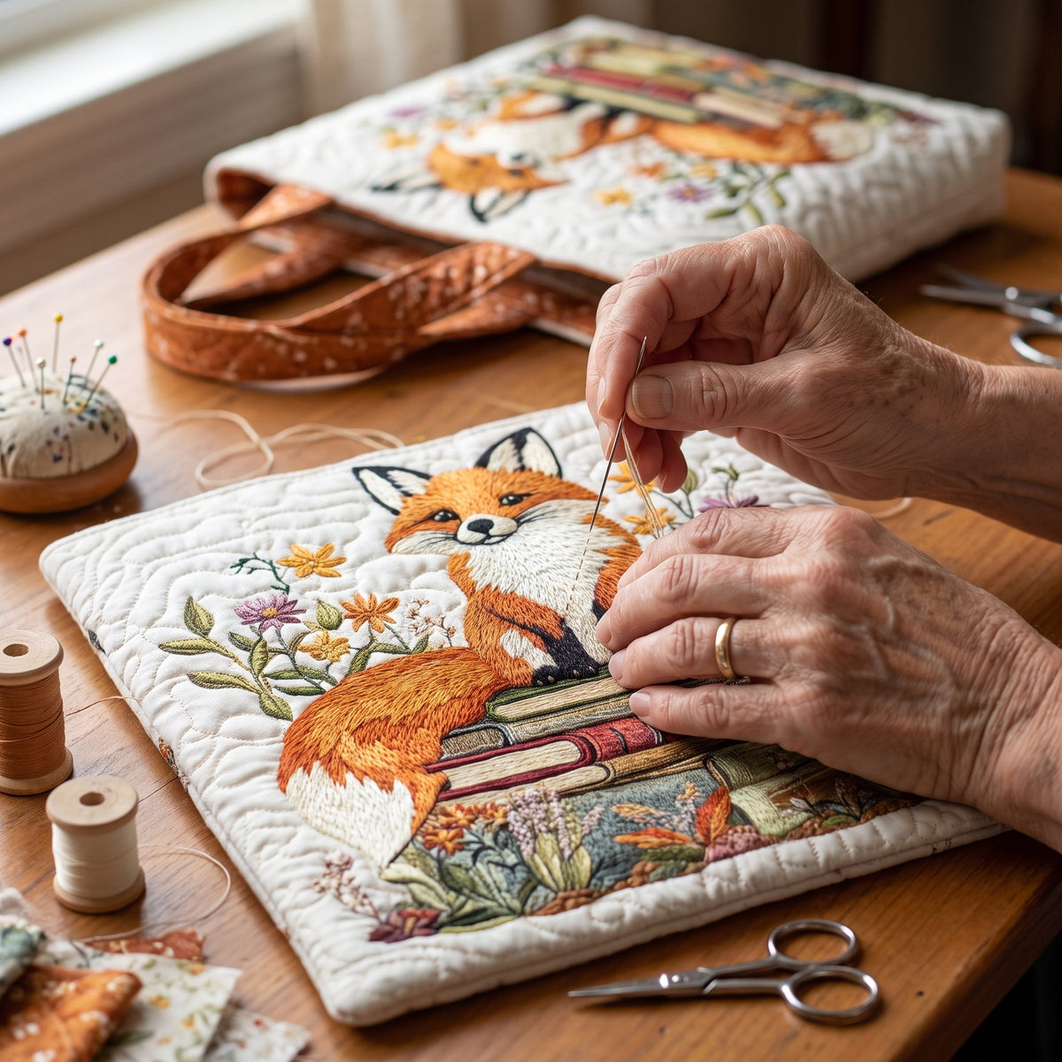 Quilted Tote Bag - Fox on a Stack of Books