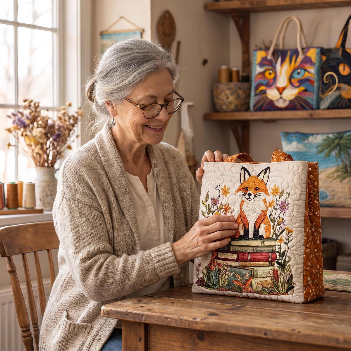 Quilted Tote Bag - Fox on a Stack of Books