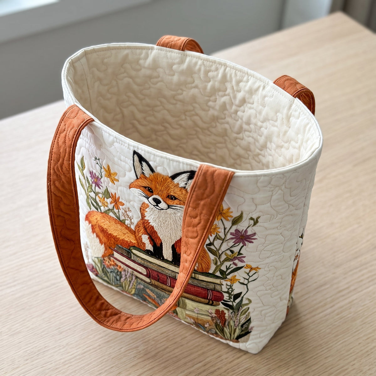 Quilted Tote Bag - Fox on a Stack of Books