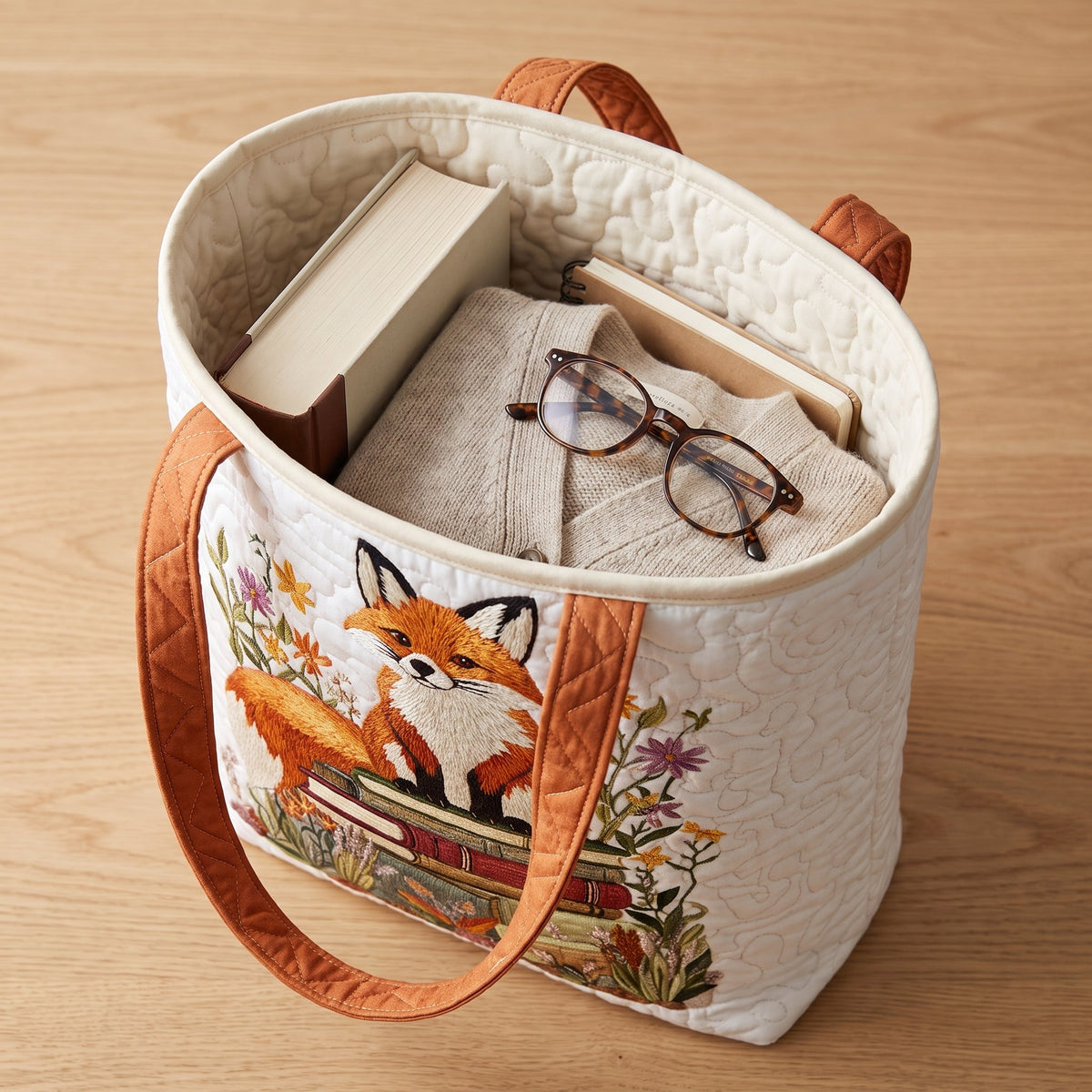 Quilted Tote Bag - Fox on a Stack of Books