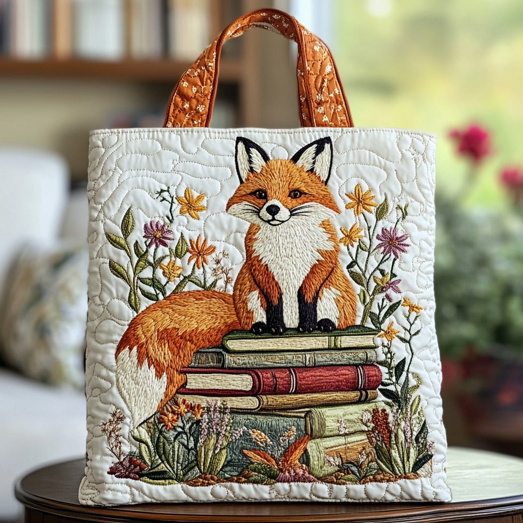 Quilted Tote Bag - Fox on a Stack of Books