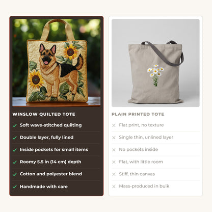 Quilted Tote Bag - German Shepherd with Sunflowers compared with a plain printed tote