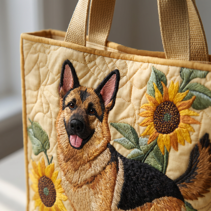 Quilted Tote Bag - German Shepherd with Sunflowers