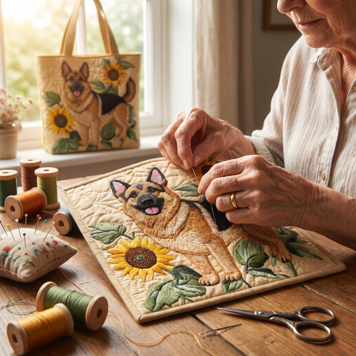 Quilted Tote Bag - German Shepherd with Sunflowers