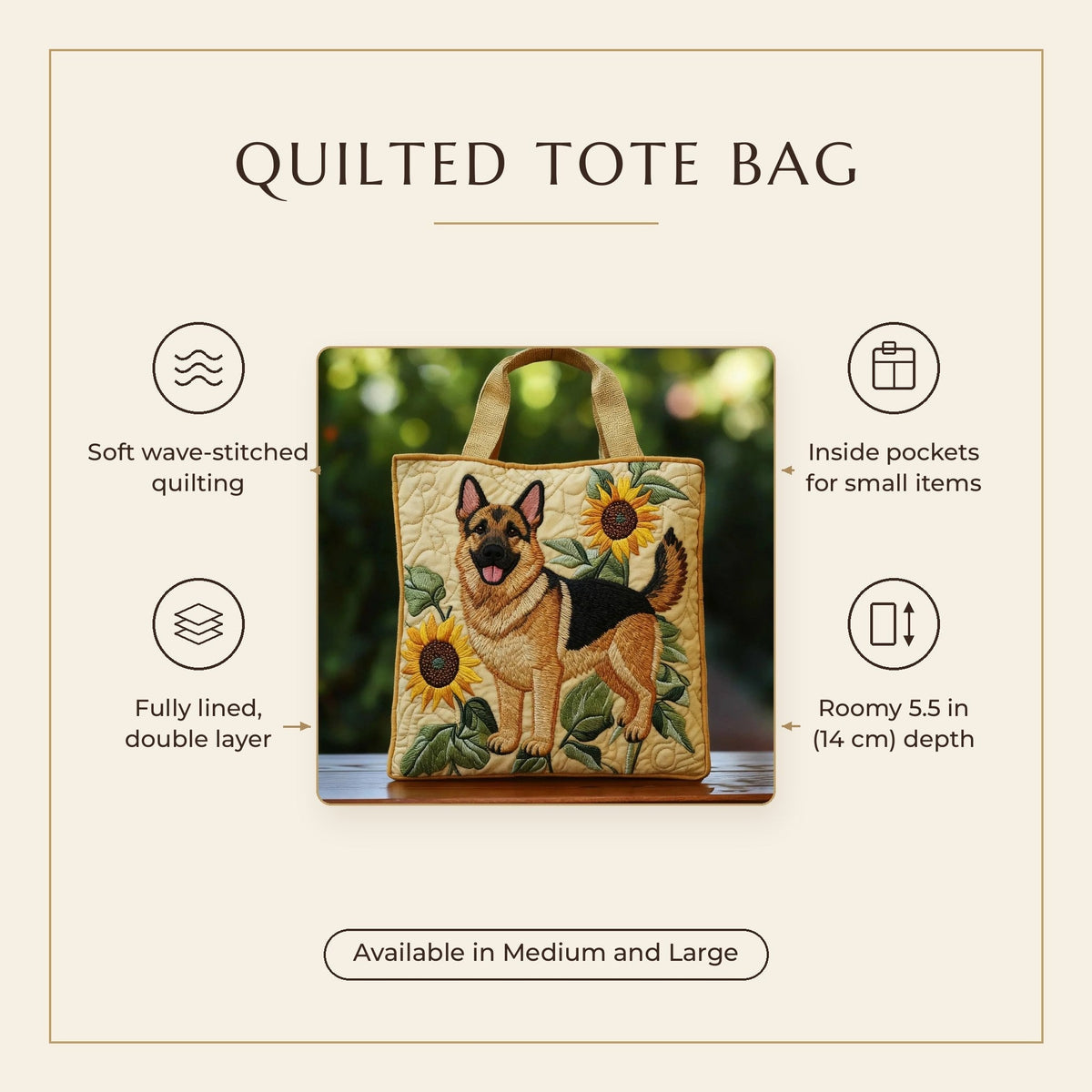 Quilted Tote Bag - German Shepherd with Sunflowers features infographic