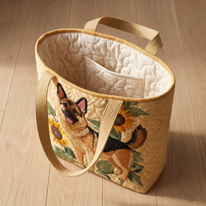 Quilted Tote Bag - German Shepherd with Sunflowers