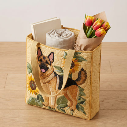 Quilted Tote Bag - German Shepherd with Sunflowers