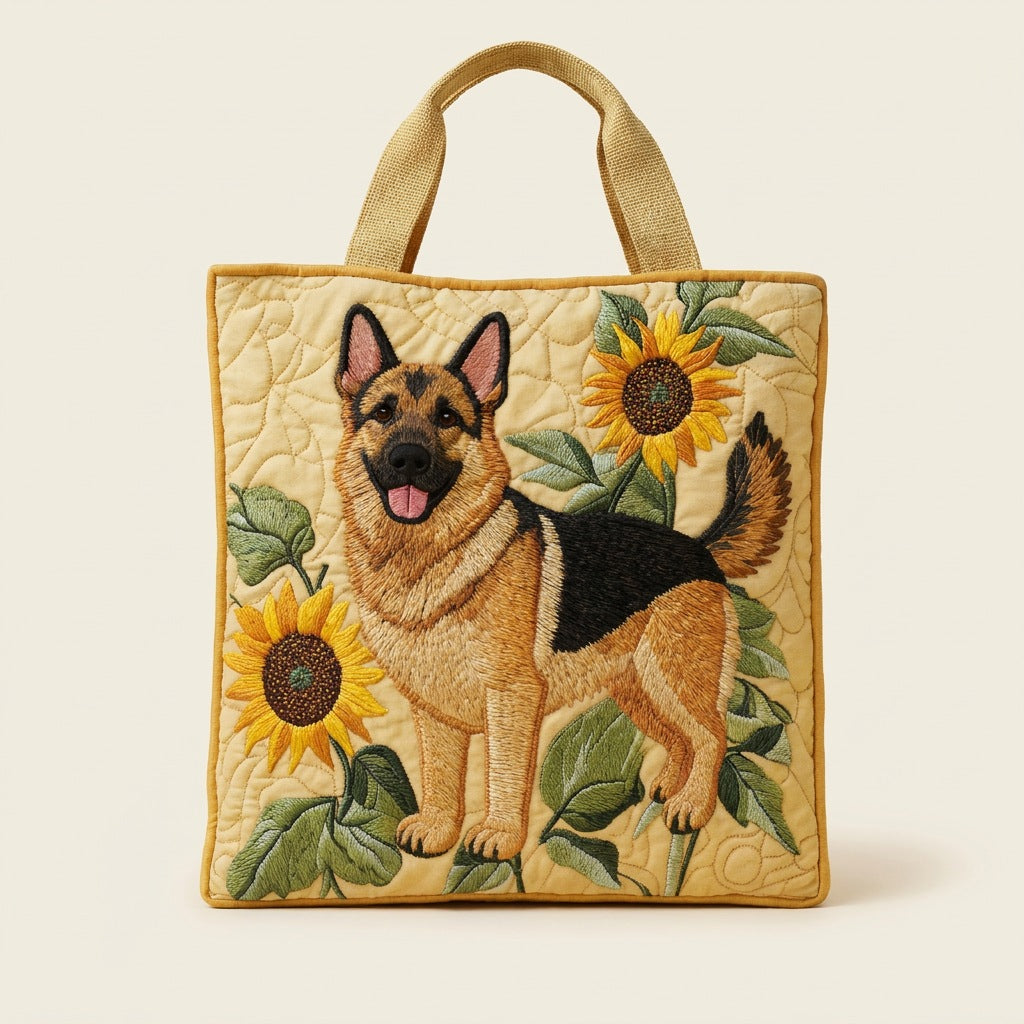 Quilted Tote Bag - German Shepherd with Sunflowers, studio photo