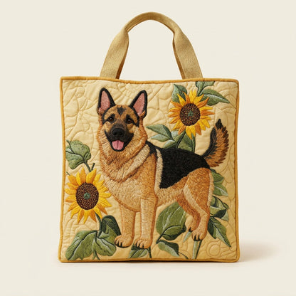 Quilted Tote Bag - German Shepherd with Sunflowers, studio photo