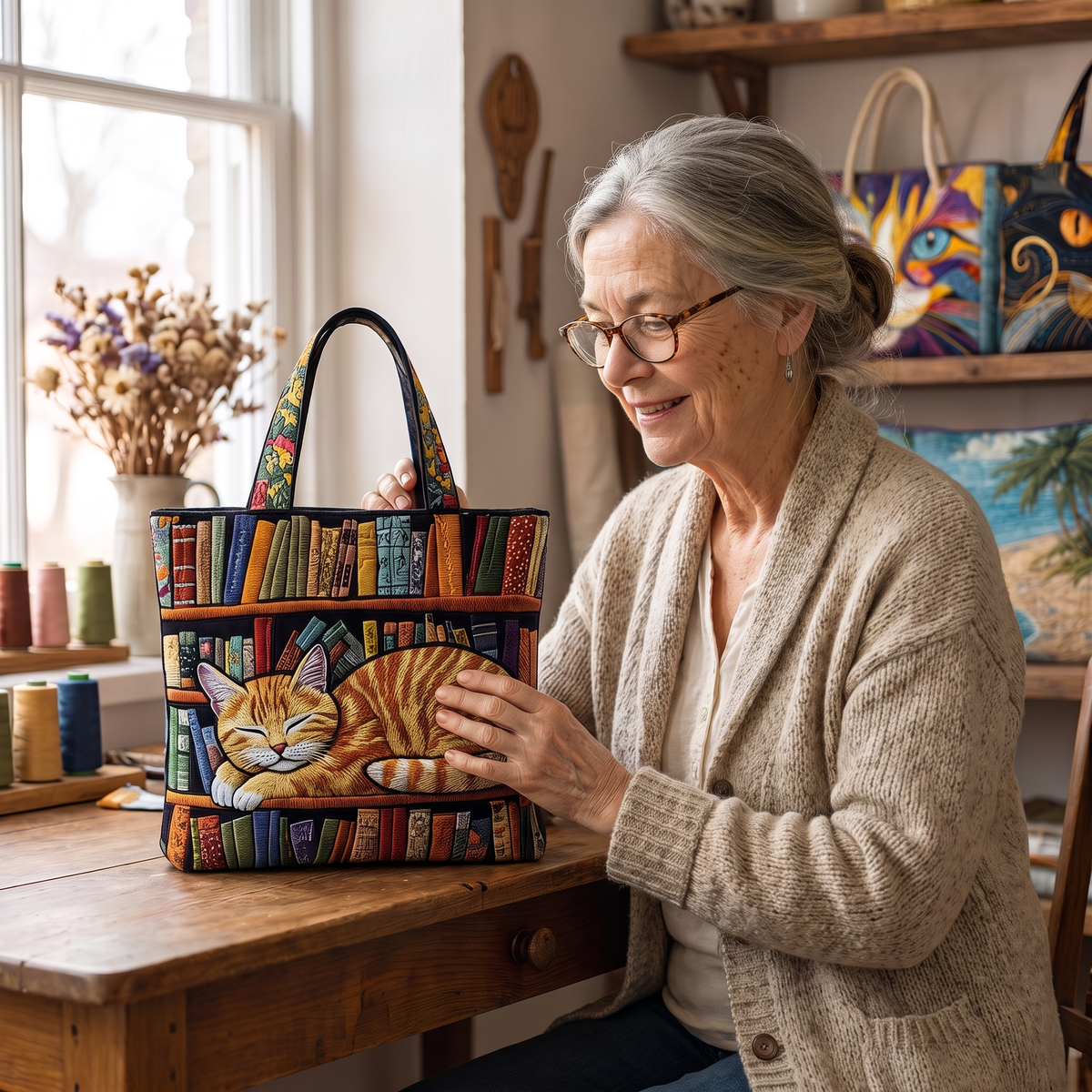 Quilted Tote Bag - Ginger Cat Asleep by the Books