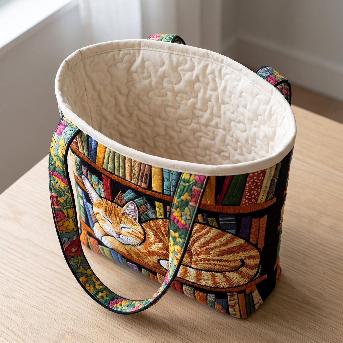 Quilted Tote Bag - Ginger Cat Asleep by the Books