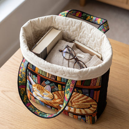 Quilted Tote Bag - Ginger Cat Asleep by the Books