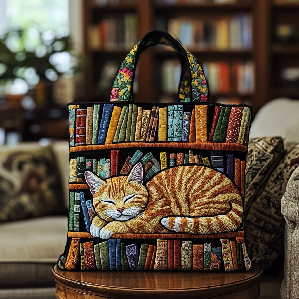 Quilted Tote Bag - Ginger Cat Asleep by the Books