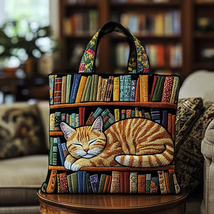 Quilted Tote Bag - Ginger Cat Asleep by the Books