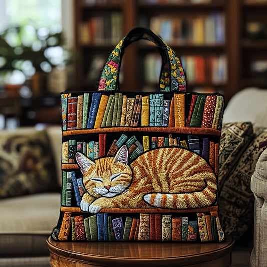 Quilted Tote Bag - Ginger Cat Asleep by the Books