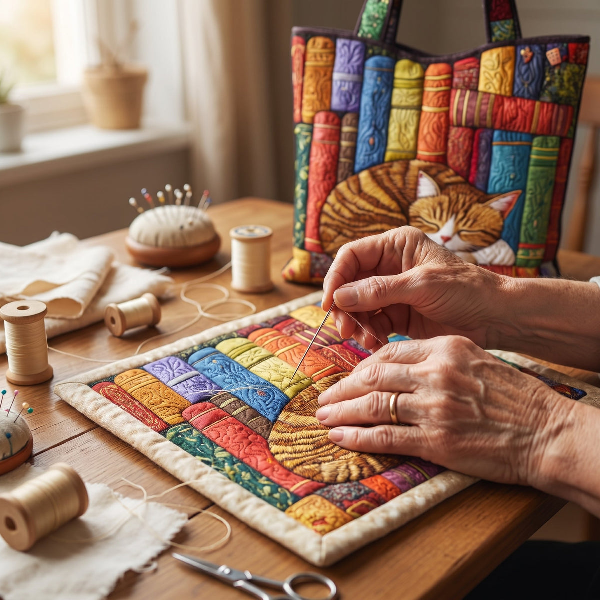 Quilted Tote Bag - Ginger Cat on the Bookshelf