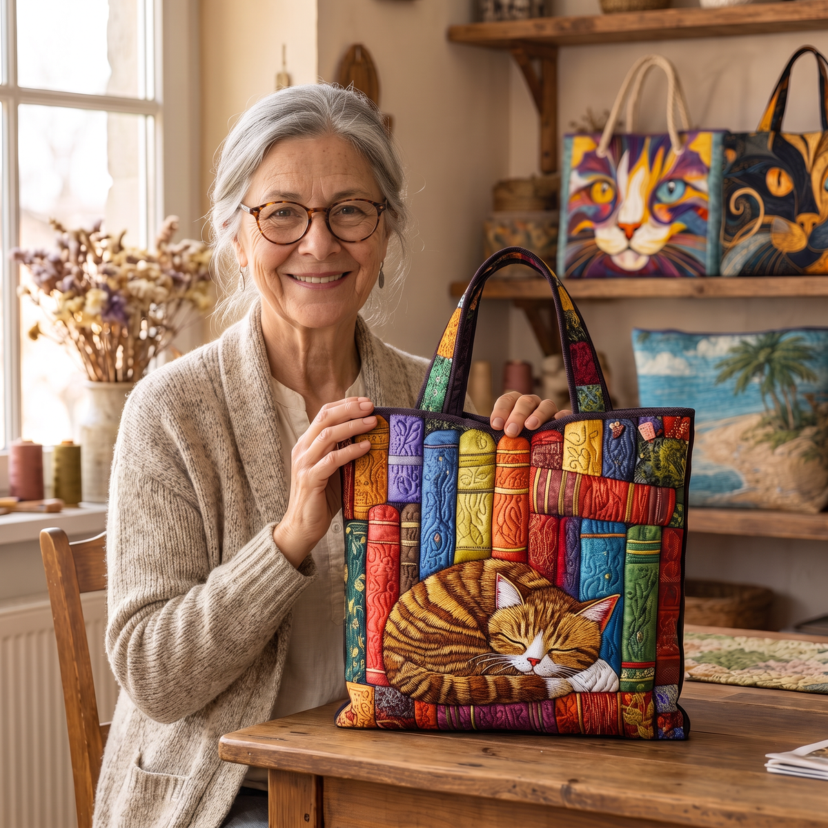 Quilted Tote Bag - Ginger Cat on the Bookshelf