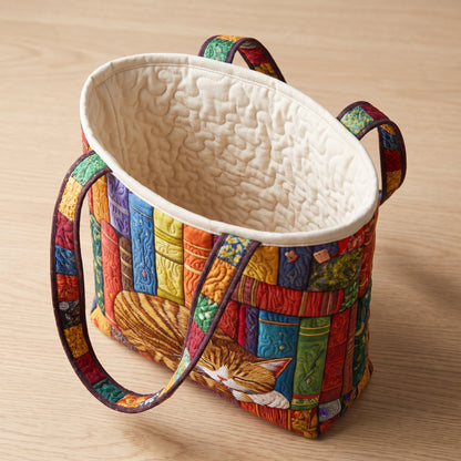 Quilted Tote Bag - Ginger Cat on the Bookshelf