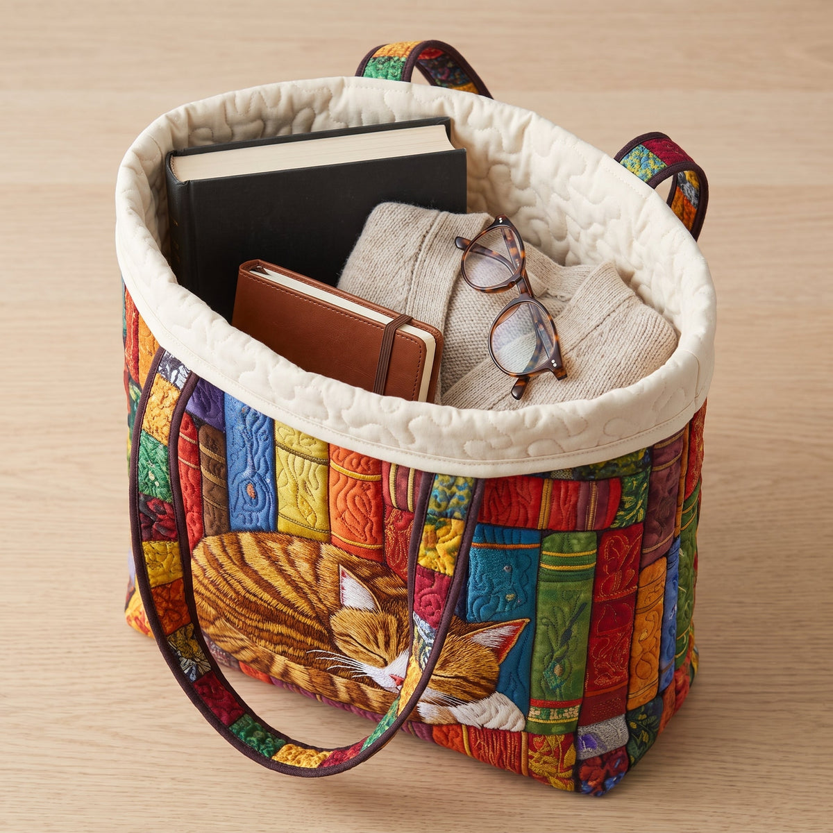 Quilted Tote Bag - Ginger Cat on the Bookshelf