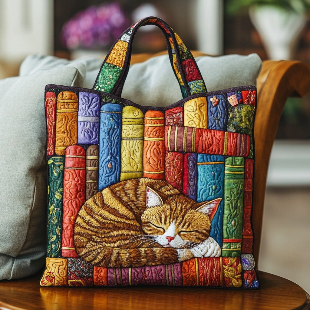 Quilted Tote Bag - Ginger Cat on the Bookshelf