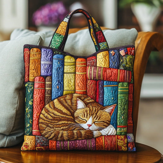 Quilted Tote Bag - Ginger Cat on the Bookshelf