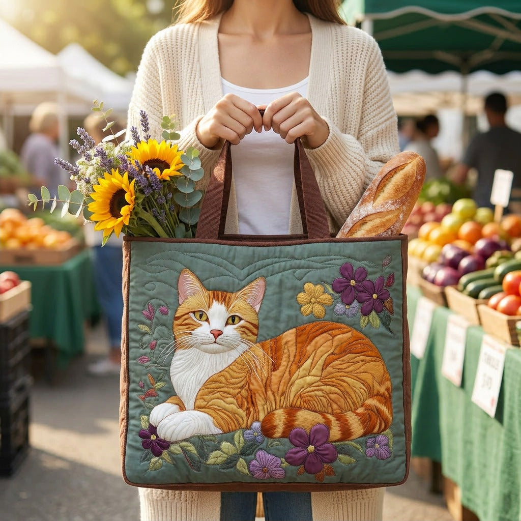 Quilted Tote Bag - Ginger Cat with Flowers carried at a farmers market