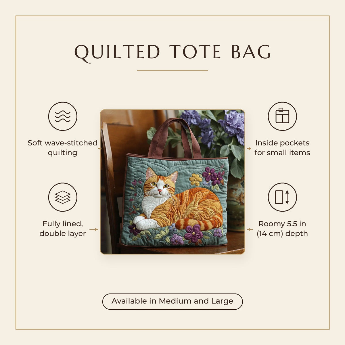 Quilted Tote Bag - Ginger Cat with Flowers features infographic
