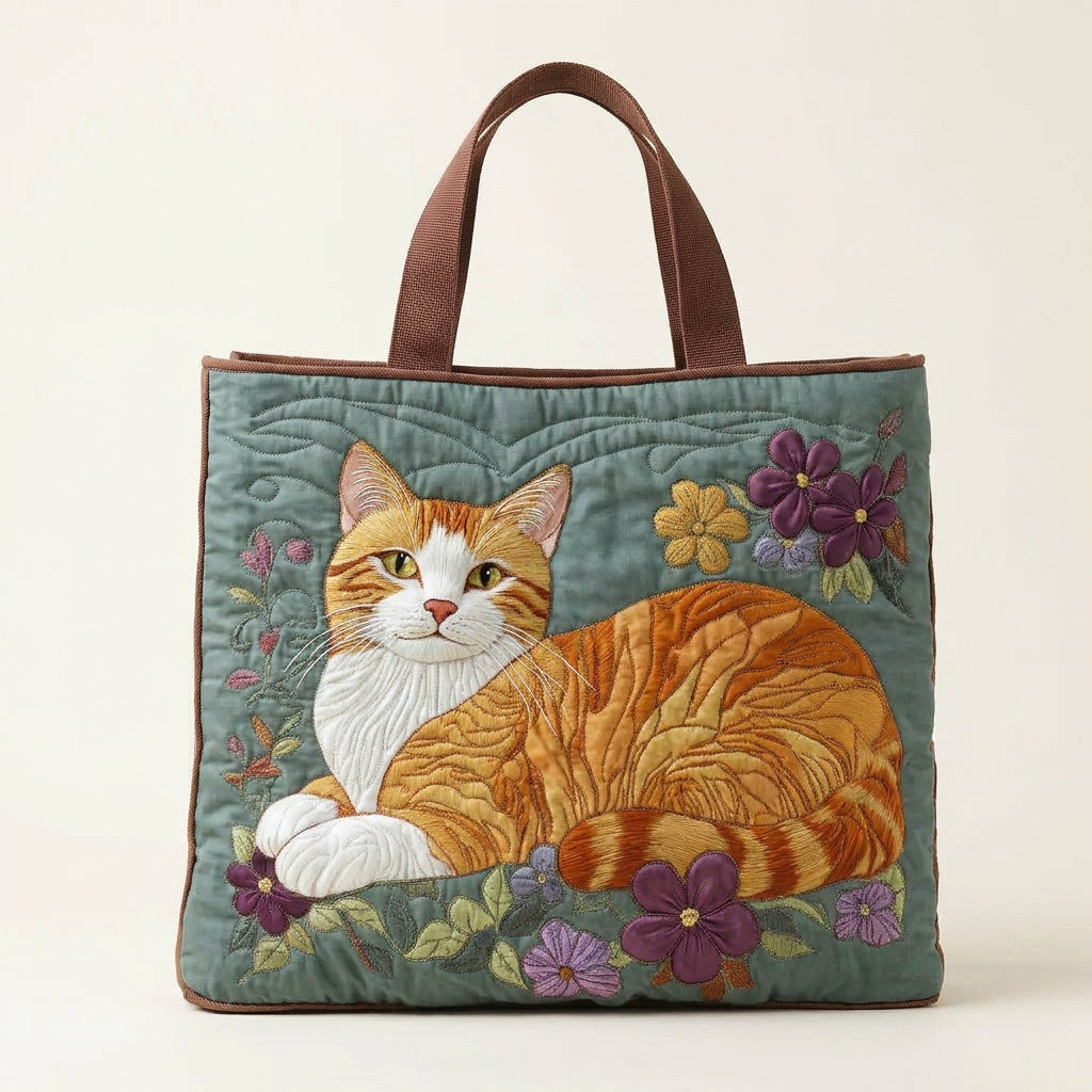 Quilted Tote Bag - Ginger Cat with Flowers, studio photo