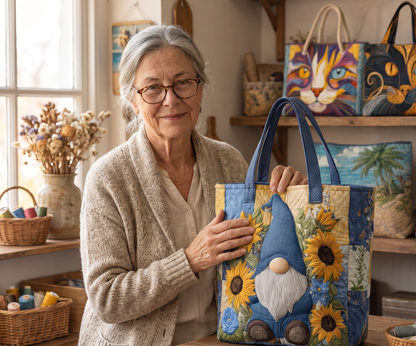 Quilted Tote Bag - Gnome with Sunflowers