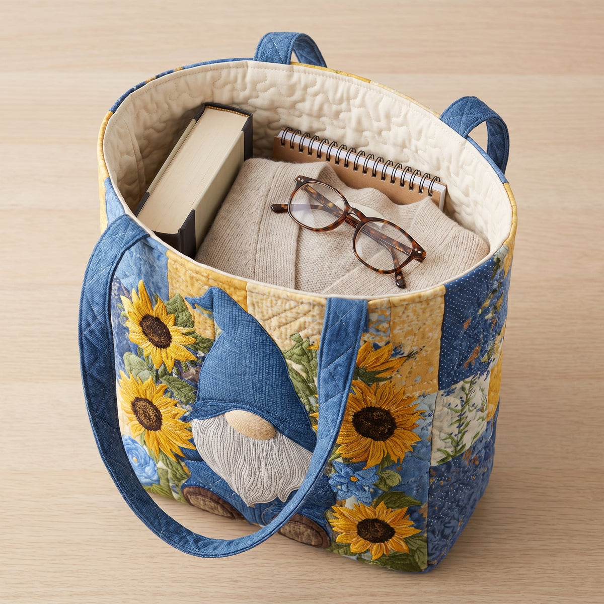 Quilted Tote Bag - Gnome with Sunflowers