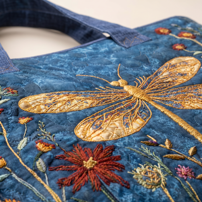 Quilted Tote Bag - Golden Dragonfly