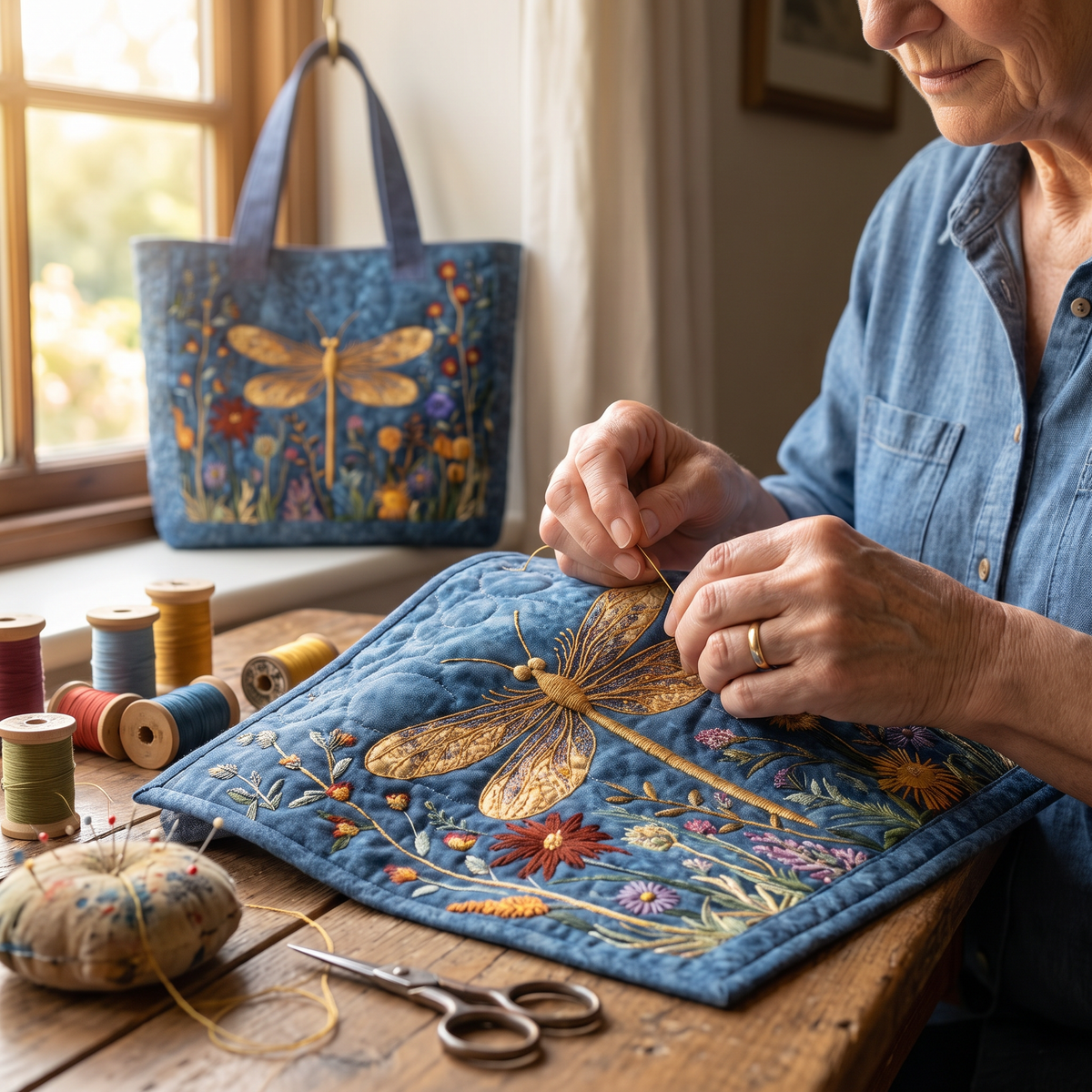 Quilted Tote Bag - Golden Dragonfly