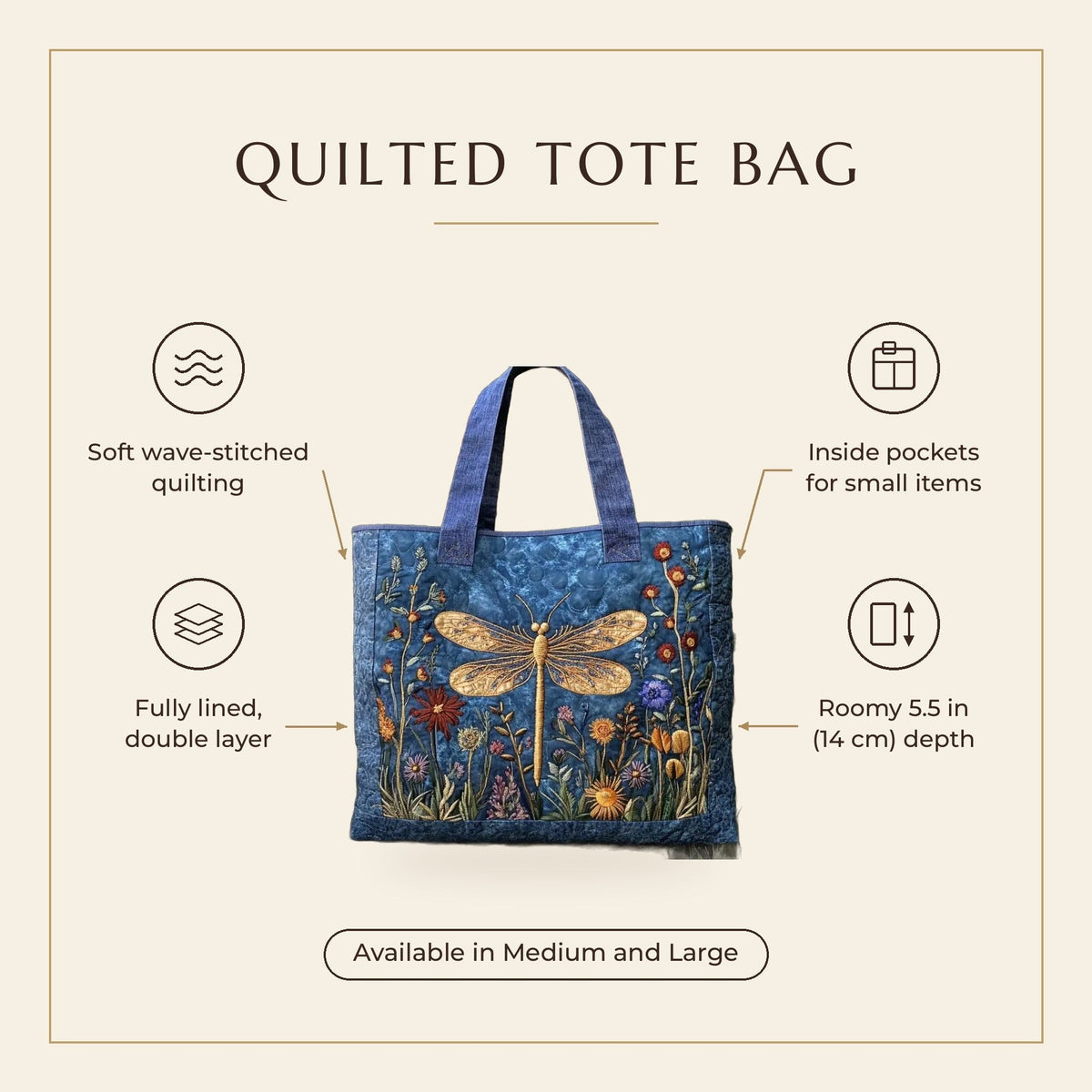 Quilted Tote Bag - Golden Dragonfly features infographic