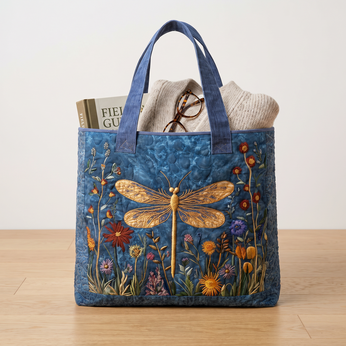 Quilted Tote Bag - Golden Dragonfly